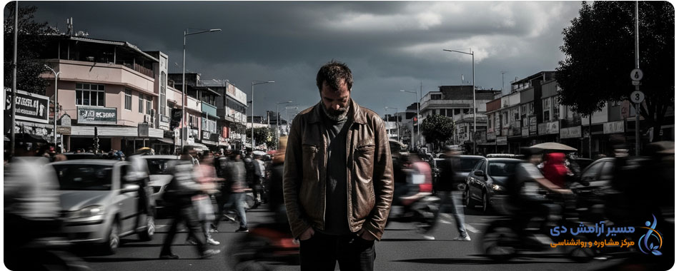 تصویر مردی تنها در خیابانی شلوغ با ابرهای تیره بالای سرش، نمادی از عادت ذهنی مخرب شخصی‌سازی و احساس اینکه همه چیز تقصیر اوست.