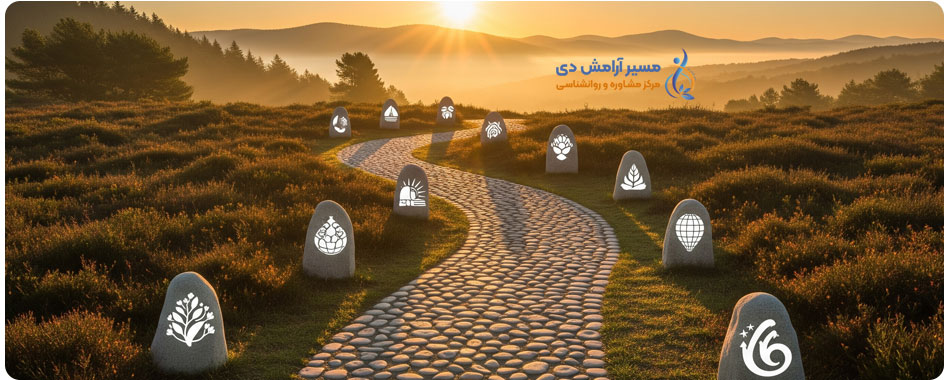 سلامت روان: بنیان یک زندگی متعادل و پربار 2 مسیر سنگفرششدهای در یک منظره طبیعی با سنگهایی که نماد ابعاد مختلف سلامت روان هستند.