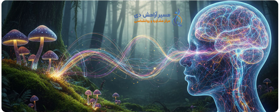 سایکدلیکها و درمان افسردگی مقاوم: انقلابی در روانپزشکی نوین با Psilocybin 2 سایکدلیکها و درمان: اتصال نورانی ذهن انسان به قارچهای طبیعی در جنگل، نمادی از تغییر ادراک