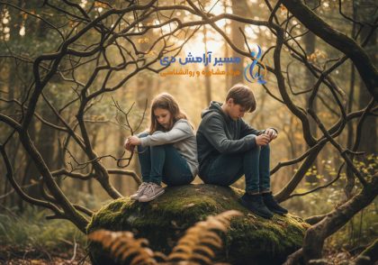 استرس کودکان و نوجوانان: کودکان غمگین در جنگل، نمادی از تنهایی و فشار روحی.