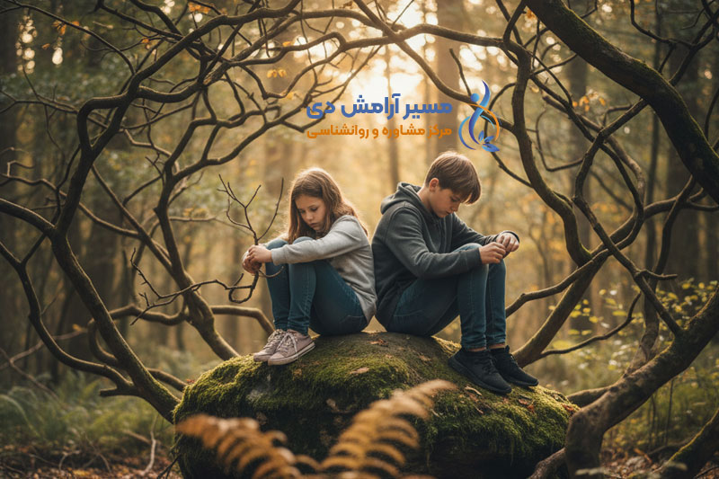 استرس در کودکان و نوجوانان: شناسایی، علائم و راهکارهای مؤثر مدیریت 1 استرس کودکان و نوجوانان: کودکان غمگین در جنگل، نمادی از تنهایی و فشار روحی.