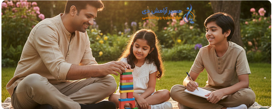 پدر در حال بازی با دو فرزند خود (کودک و نوجوان) در طبیعت، نمادی از تقویت عزت نفس کودکان و ایجاد محیط امن خانوادگی.