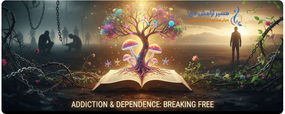 سایکدلیکها و درمان افسردگی مقاوم: انقلابی در روانپزشکی نوین با Psilocybin 6 تصویری نمادین از رهایی از اعتیاد و وابستگی با عناصر نور و تاریکی.