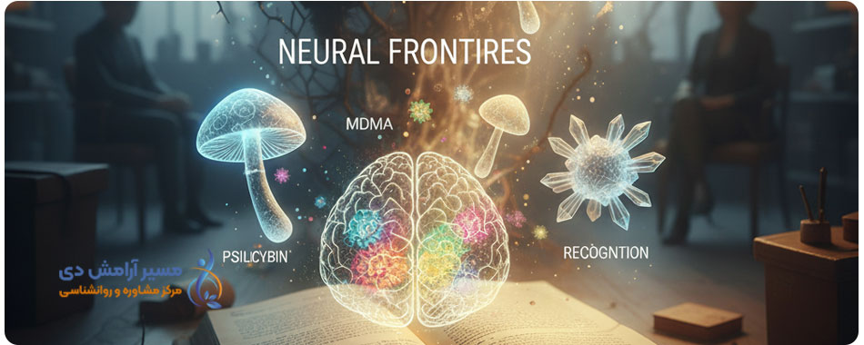 سایکدلیکها و درمان افسردگی مقاوم: انقلابی در روانپزشکی نوین با Psilocybin 5 تصویری از شبکههای عصبی، سایکدلیکها (MDMA, Psilocybin)، مغز نورانی و دو نفر در محیط درمانی، که به درمان و "مرزهای عصبی" در روانشناسی اشاره دارد.