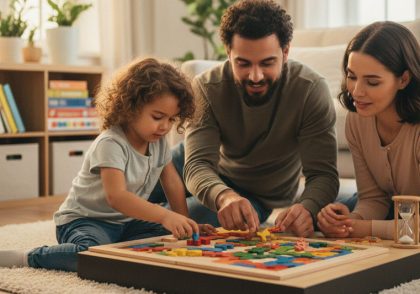 کودک متمرکز بر پازل چالش‌برانگیز؛ نمونه‌ای از بازی‌هایی برای افزایش صبر و تحمل کودک و تقویت خویشتن‌داری.