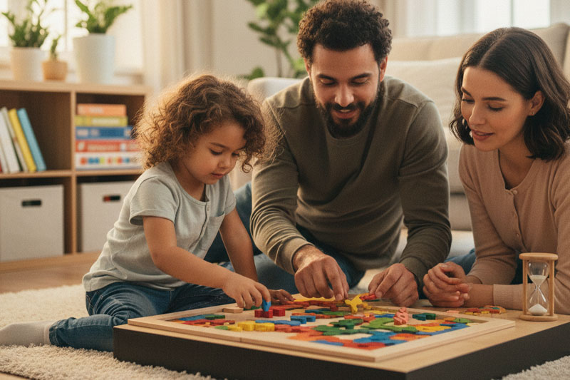 کودک متمرکز بر پازل چالش‌برانگیز؛ نمونه‌ای از بازی‌هایی برای افزایش صبر و تحمل کودک و تقویت خویشتن‌داری.