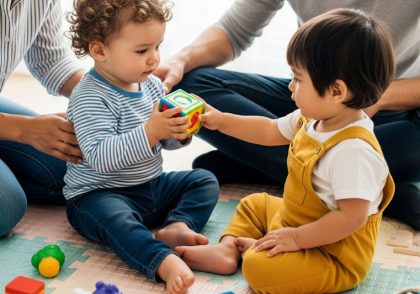 کودکی که اشتراک‌گذاری اسباب‌بازی با دوستش می‌کند، نمادی از رشد عاطفی کودک ۱ تا ۵ سالگی و تقویت همدلی کودک