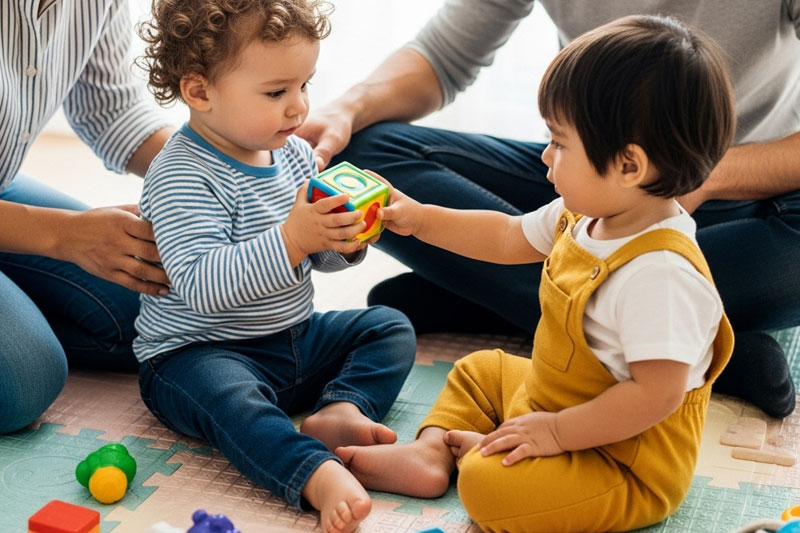 کودکی که اشتراک‌گذاری اسباب‌بازی با دوستش می‌کند، نمادی از رشد عاطفی کودک ۱ تا ۵ سالگی و تقویت همدلی کودک