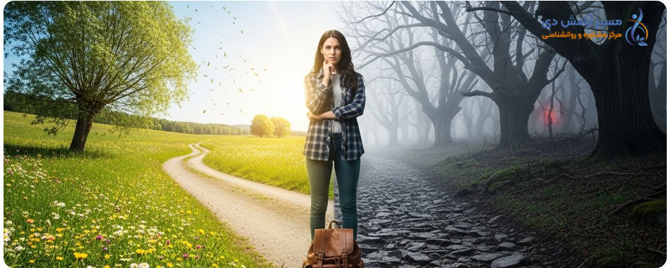 ارشد مشاوره یا روانشناسی؟ راهنمای نهایی انتخاب + مقایسه بازار کار 2 یک فرد در تقاطع دو مسیر ایستاده است؛ مسیر چپ به سمت آیکون گفتوگو (نماد مشاوره) و مسیر راست به سمت آیکون مغز (نماد روانشناسی) نشانهروی دارد. این تصویر نماد انتخاب بین ارشد مشاوره یا روانشناسی است.