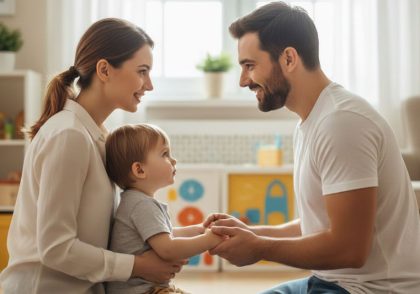 پدر و مادر جوان در حال زانو زدن و برقراری ارتباط بدون فریاد با کودک خردسال در فضایی آرام؛ نمادی از تربیت مؤثر و گفتگو با کودک بدون خشم.