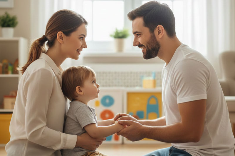 پدر و مادر جوان در حال زانو زدن و برقراری ارتباط بدون فریاد با کودک خردسال در فضایی آرام؛ نمادی از تربیت مؤثر و گفتگو با کودک بدون خشم.