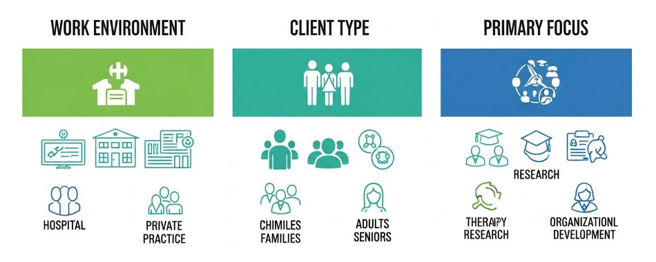 ارشد مشاوره یا روانشناسی؟ راهنمای نهایی انتخاب + مقایسه بازار کار 3 یک اینفوگرافیک ساده و رنگی که مقایسه بازار کار ارشد مشاوره و روانشناسی را در سه دسته محیط کاری، نوع مراجع و تمرکز اصلی نشان میدهد.